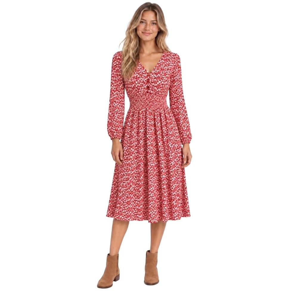 Boden Red White Botanical Floral Smocked Waist Midi Dress Long Sleeve Size 6